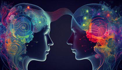 Darstellung Kommunikation Grafik mit 2 Köpfen, Gehirn Aktivität beim Sprechen, Generative AI  - obrazy, fototapety, plakaty