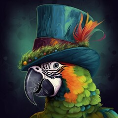  a colorful parrot wearing a top hat with feathers on it's head and a feathered tail, with a black background, is shown in a digital painting style.  generative ai