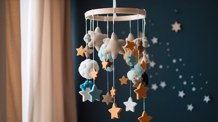 Cute handmade eco-friendly children's toys above the baby's bed close-up. AI generated