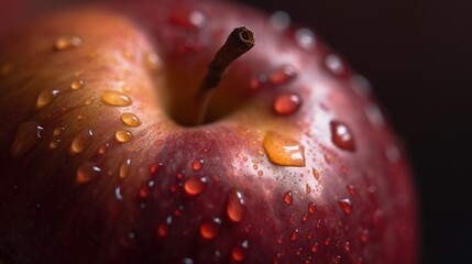  a red apple with water drops on it's surface and a black background with a red background and a black background with a red apple with water drops on it's surface.  generative ai © Oleg