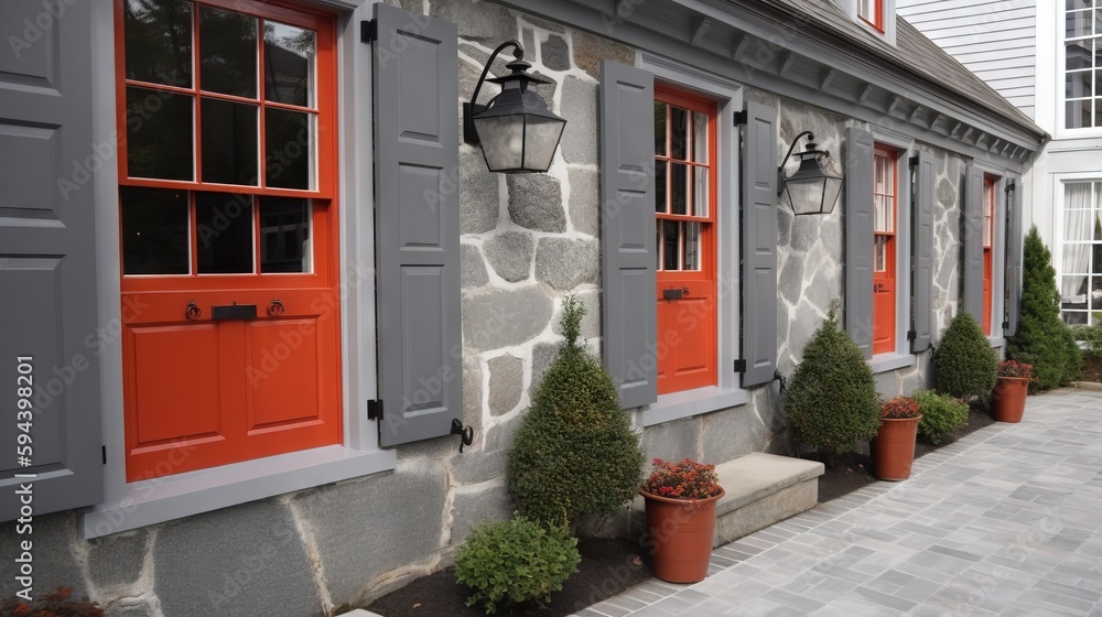 Poster a row of orange and gray windows on a stone building with potted plants on the side of the building 