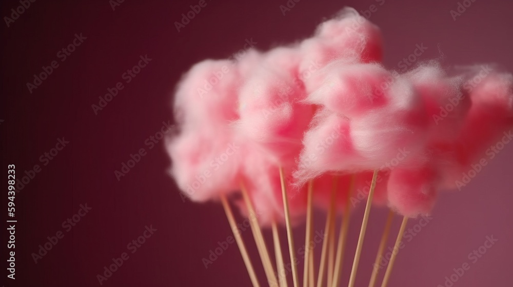 Poster a close up of a bunch of cotton candy on a stick with a pink background and a blurry image of cotton