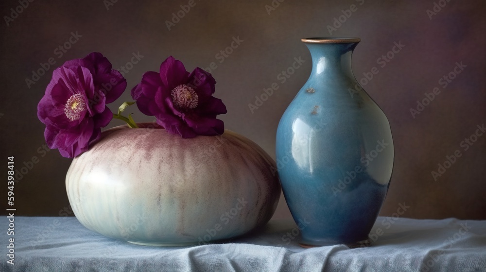 Poster two vases with flowers in them sitting on a table cloth next to a vase with flowers in it on a table