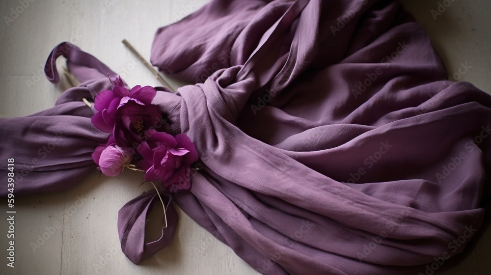 Poster a piece of cloth with a flower on it laying on the floor next to a pair of scissors and a piece of c