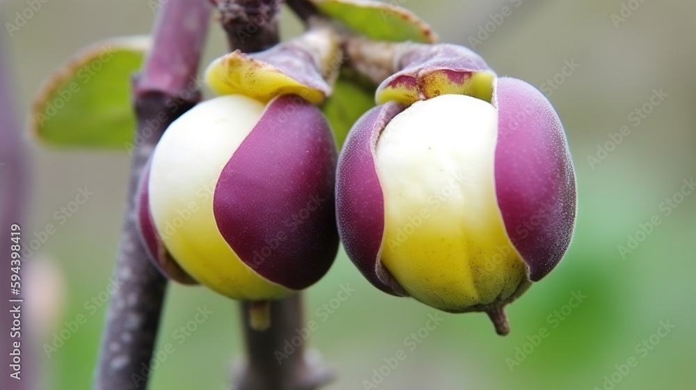 Poster a close up of a flower on a tree branch with leaves in the background and a blurry background of the
