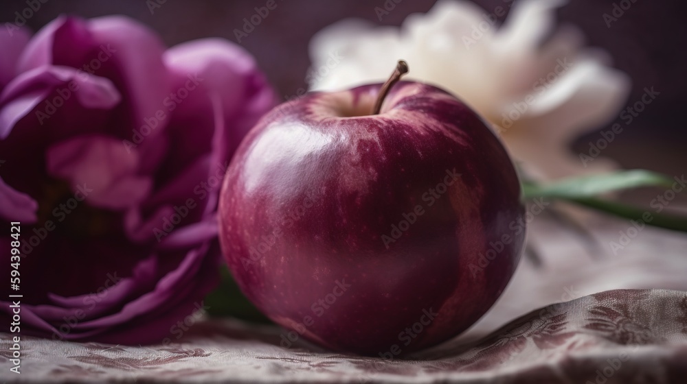 Poster a close up of an apple and a flower on a table cloth with a cloth on the side of the table cloth and