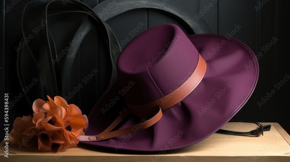 Poster a purple hat with a flower on a table next to a pair of scissors and a pair of scissors on a table w