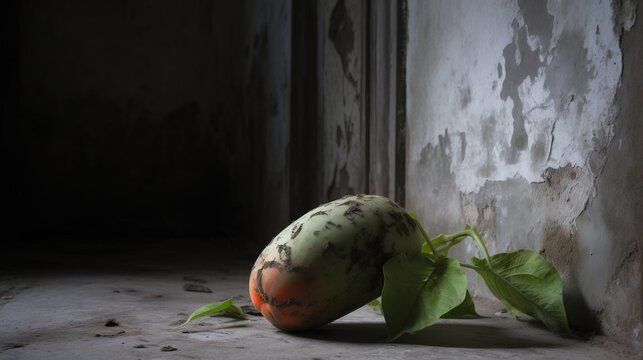  a rotten looking fruit sitting on the ground in a room with peeling paint and peeling paint on the walls and the floor, with a green leafy plant growing on the floor.  generative ai