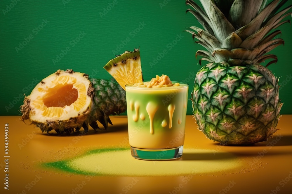 Poster pineapple juice label front view on a green background generative ai