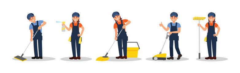 Man and Woman Cleaner in Blue Overall Vacuuming and Mopping Floor Vector Illustration Set