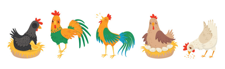 Hen and Cockerel with Chicks and Hay Nest Vector Set