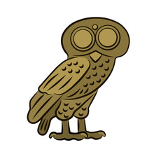 Owl of Athena. Ancient greek coin replica. Wisdom, knowledge, change, transformation, intuitive development. Isolated vector illustration. Line and fill.