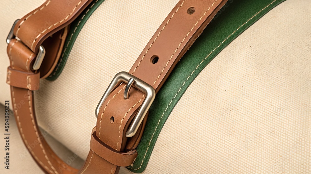 Poster a close up of a bag with a belt on the handle and a buckle on the side of the bag with a green and w