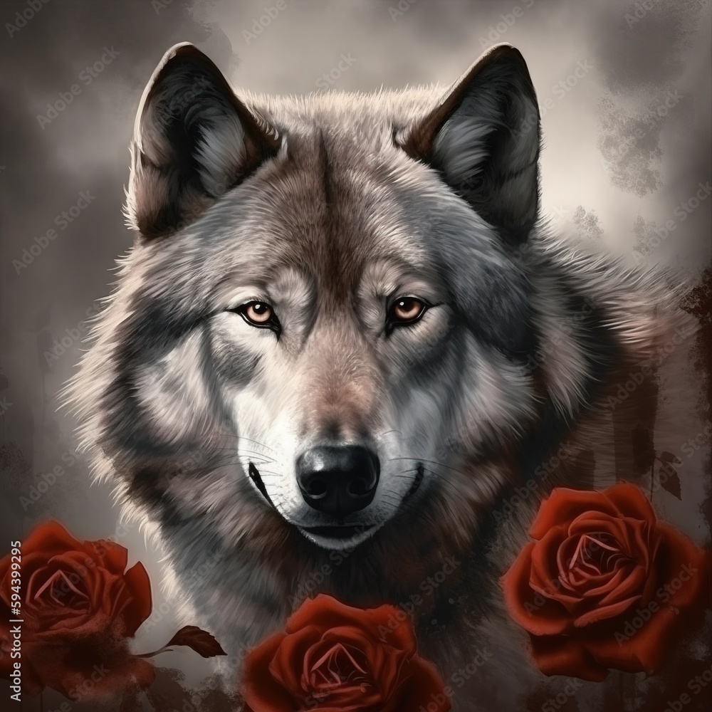 Poster a painting of a wolf with red roses in front of a dark background with a red rose in the foreground 