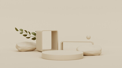 Premium podium made of paper on pastel background with plant branches,leaves,pebbles and natural stones.Mock up for the exhibitions,presentation of products, therapy, relaxation and health. 3d render.