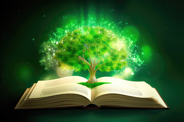 Open Book with green tree and rays of light. Generative AI