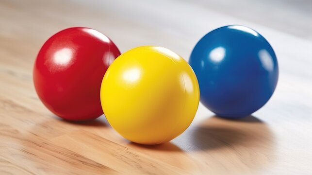  three colorful balls sitting on top of a wooden floor next to each other on a wooden floor with a white surface in the middle of the picture.  generative ai