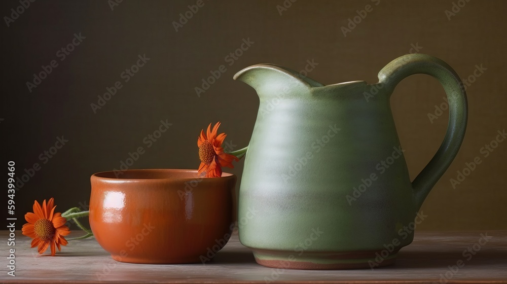 Poster a vase and a cup sitting on a table with a flower in the middle of the vase and a smaller vase in th