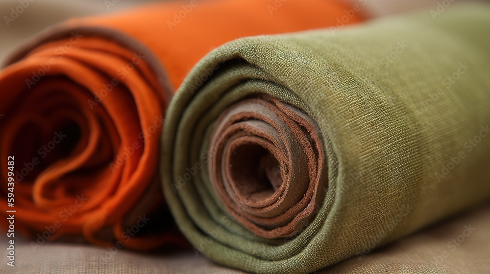 Poster a close up of a rolled up cloth on a bed sheet with two colors of fabric on top of each of the rolle