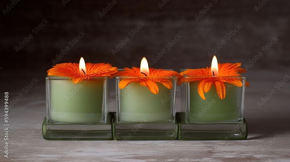 Poster three small candles with orange flowers in them on a wooden table with a black background and a dark