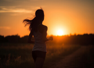 Fototapeta na wymiar Female runner in a sunset, healthy lifestyle, sport, ai generative