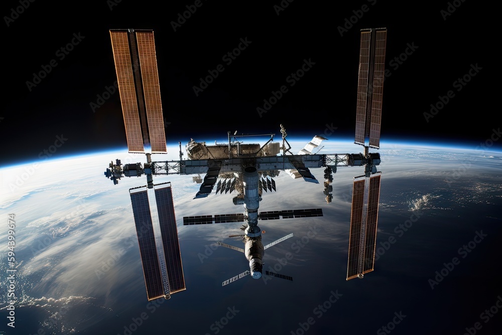Wall mural a space station, with the vastness of space visible in the background, created with generative ai