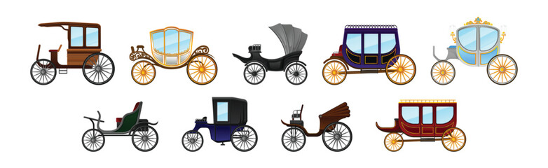 Carriage and Coach as Private Four-wheeled Vehicle Vector Set