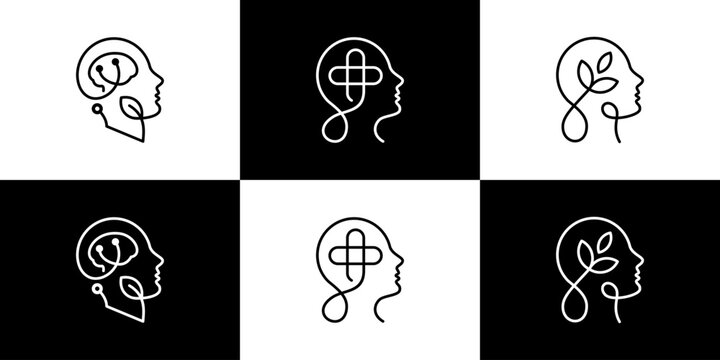 Collection of mental health logo. Psychotherapy symbol concept isolated on black and white background graphic design vector illustration.