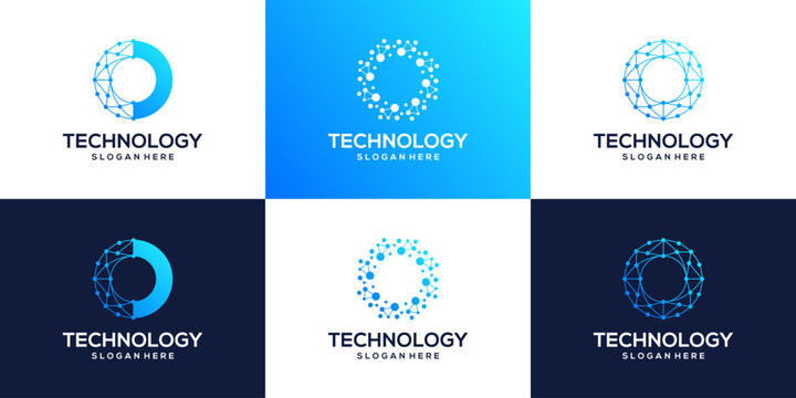 Collection of technology connection logo design with abstract dot, Blockchain, molecule and system graphic design vector illustration. Symbol, icon, creative.