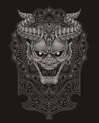 Vector illustration. scary demon mask with vintage engraving ornament style perfect for your business and T shirt merchandise