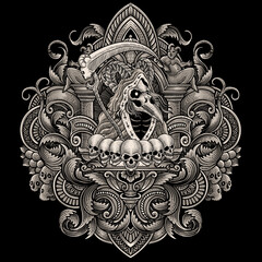 Illustration of scary grim reaper skull with vintage engraving ornament in back perfect for your business and Merchandise