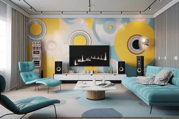 Foto op Plexiglas A cool pop-art inspired living room with bright, eye-catching appliances and retro furnishings. Generative AI © zaschnaus