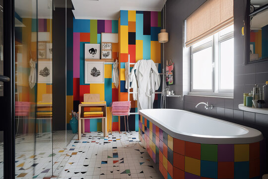 A cool pop art inspired bathroom with a bright, eye-catching shower and retro furniture. Generative AI