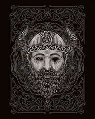 Illustration of viking head with vintage engraving ornament in back perfect for your business and Merchandise