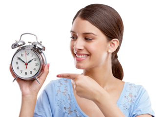 Clock, time and pointing with a woman isolated on a transparent png background for alarm or reminder. Happy, casual or young brunette female model showing timer, point and schedule for a deadline