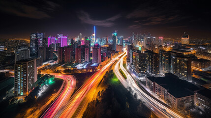 Fototapeta na wymiar dynamic photograph of a city skyline at night