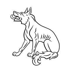 Sitting heraldic wolf dog with lying tail and  protruding tongue. Symbol, sign, icon, silhouette, tattoo. Line. Isolated vector illustration.