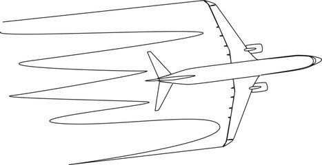 continuous single line drawing of commercial airplane, jetliner line art vector illustration