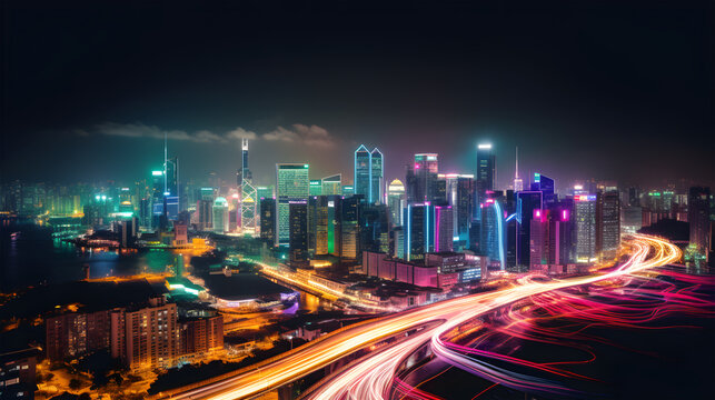 A striking and dynamic photograph of a city skyline, visual symphony of colors and patterns