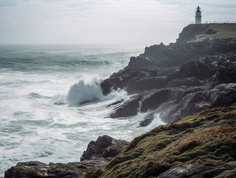 A Lighthouse on a Rugged Ocean Cliff with Waves Crashing Below | Generative AI