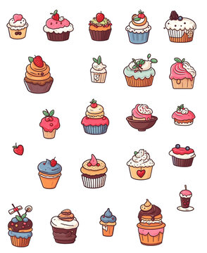 Doodle icon set of cupcakes cake sweet pastry illustrationAI Generated