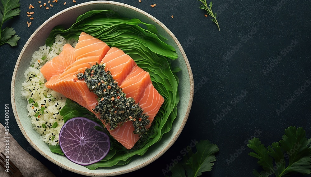 Wall mural Salmon poke bowl from Hawaii, complete with seaweed, sesame seeds, and cabbage, presented in a top view flat lay banner. Generative AI - Wall murals