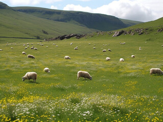 Sheep Grazing in a Field with Wildflowers | Generative AI