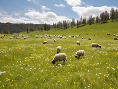 Sheep Grazing in a Meadow on a Sunny Day | Generative AI