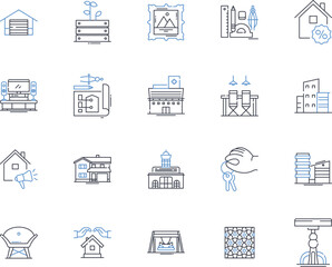 Lodging and living space line icons collection. Hotel, Airbnb, Hostel, Cottage, Villa, Bungalow, Lodge vector and linear illustration. Guesthouse,Homestay,Inn outline signs set