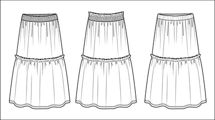 Vector smocked maxi skirt fashion CAD, woman flared skirt with gathering technical drawing, template, flat, sketch. 3 pieces set of jersey or woven fabric skirt with front, back view, white color - obrazy, fototapety, plakaty