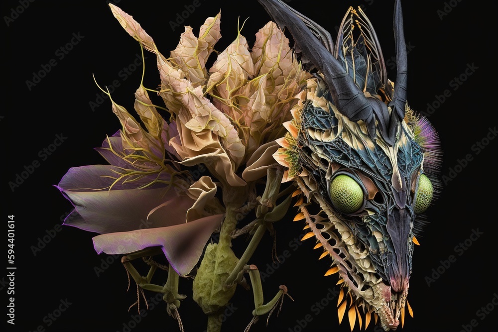 Poster mantis flower with a devil's head, shown on a dark background generative ai