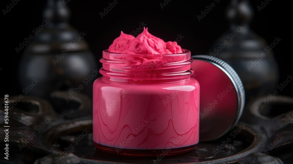 Poster a jar filled with pink powder sitting on top of a table next to a black object with a red lid and a 