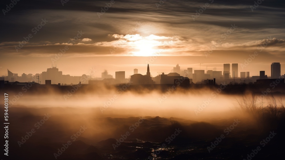 Poster the sun is setting over a city with fog in the foreground and a few buildings in the distance in the