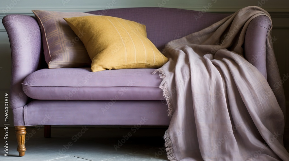 Poster a purple couch with a blanket on top of it and a pillow on the back of the couch with a yellow pillo